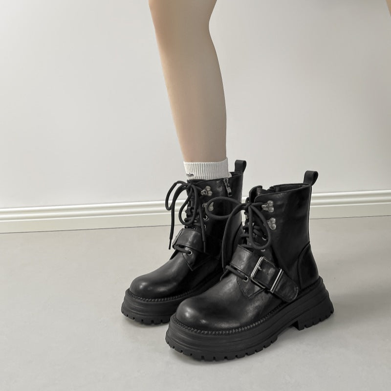 Women's British Style Brushed Thick Bottom Tooling Belt Buckle Women's Leather Boots