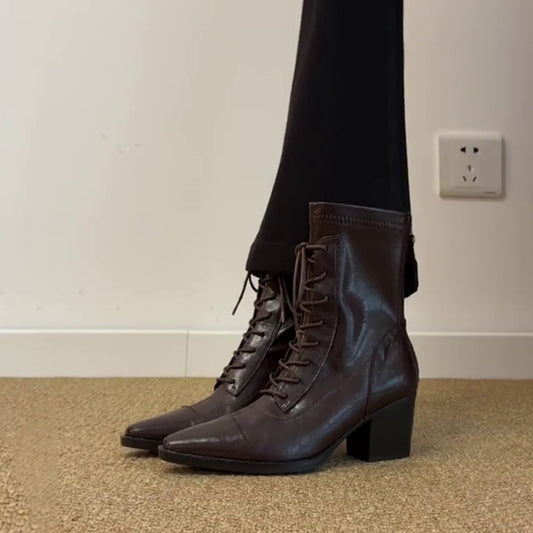 Women's Toe Chunky Booties Slimming Versatile Back Zipper Women's Leather Boots
