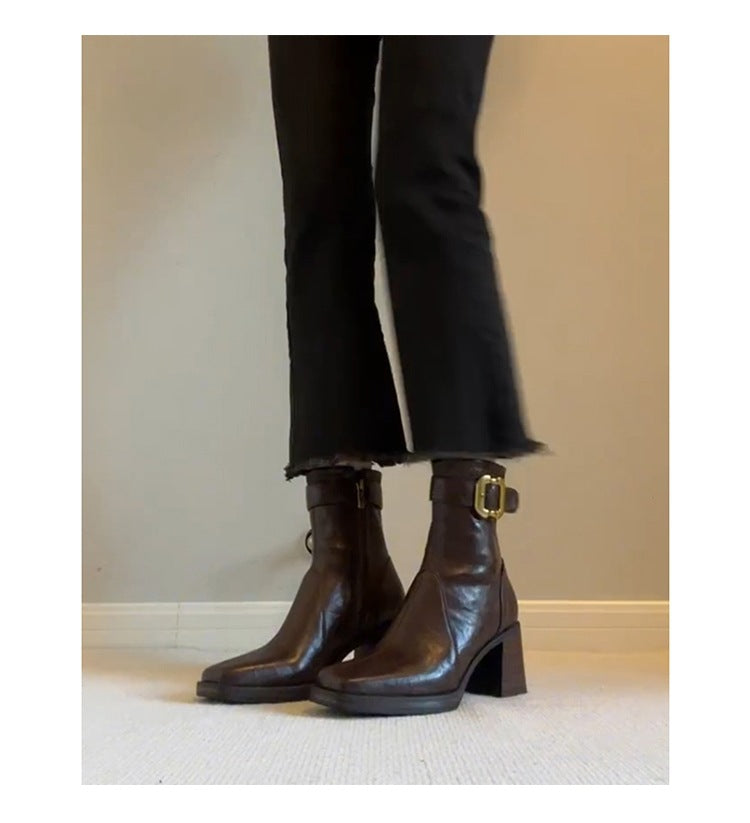 Slim High Below The Knee Long Female Chunky Women's Leather Boots