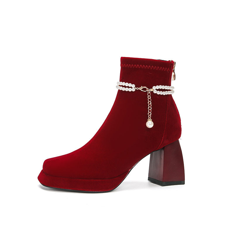 Women's Pearl Suede Burgundy Square Toe Skinny Wedding French Boots