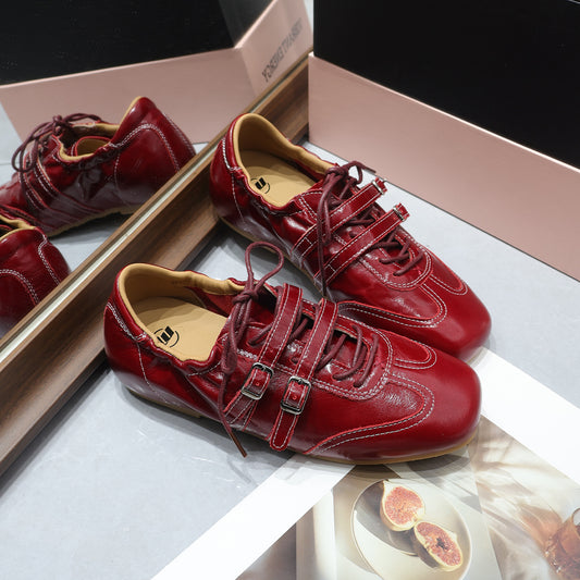 Women's Small Chunky Square Toe Double Buckle Leather Shoes