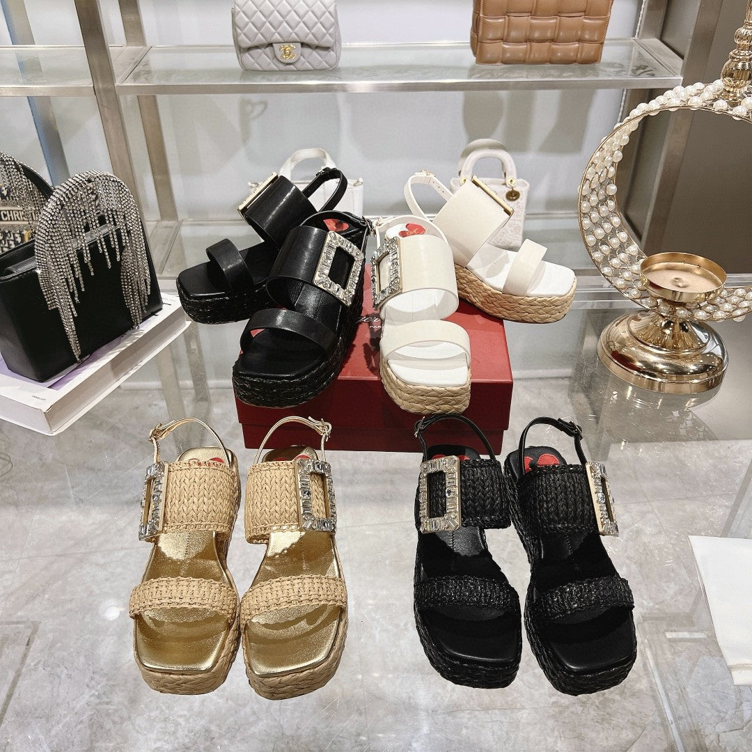 Women's Platform Buckle Square Toe Drill Fashion Sandals