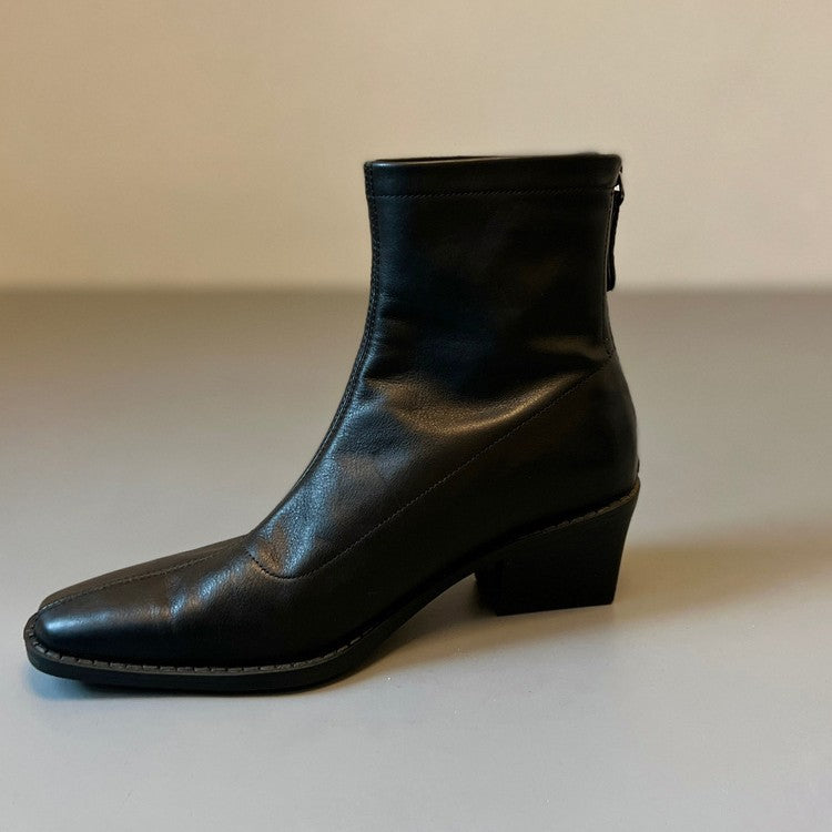 Women's Chunky Square Toe Booties Back Zipper Women's Leather Boots