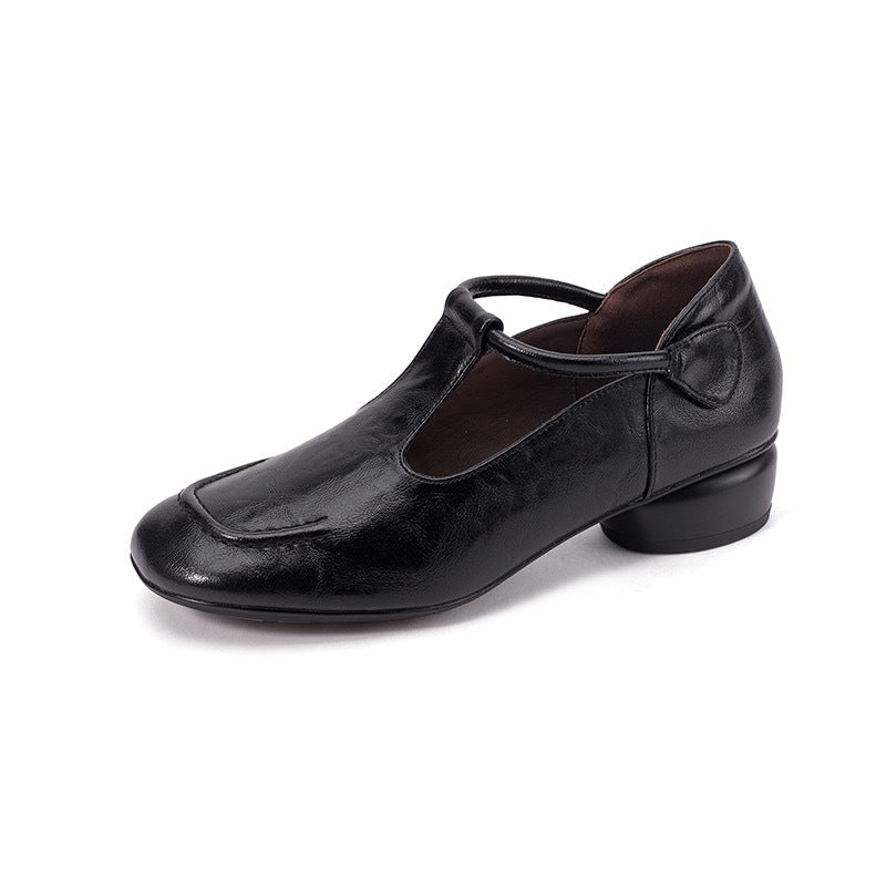 Women's Soft Cowhide Mary Jane Mid Chunky Low-cut Round Head Not Women's Fashion Shoes