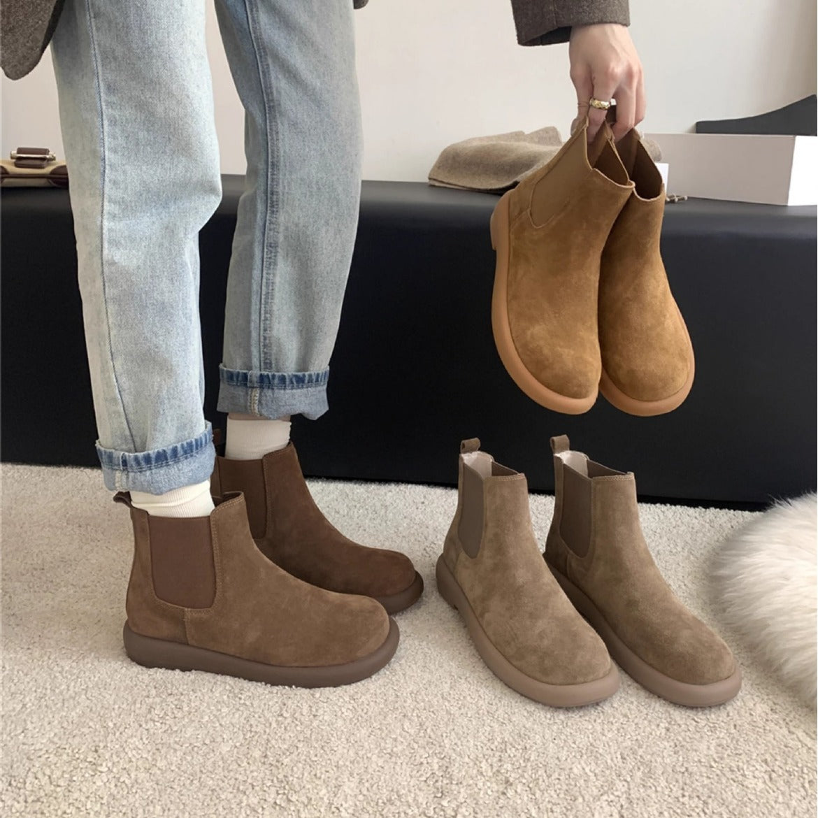 Women's Thick Bottom Retro Chelsea Sleeve British Women's Leather Boots