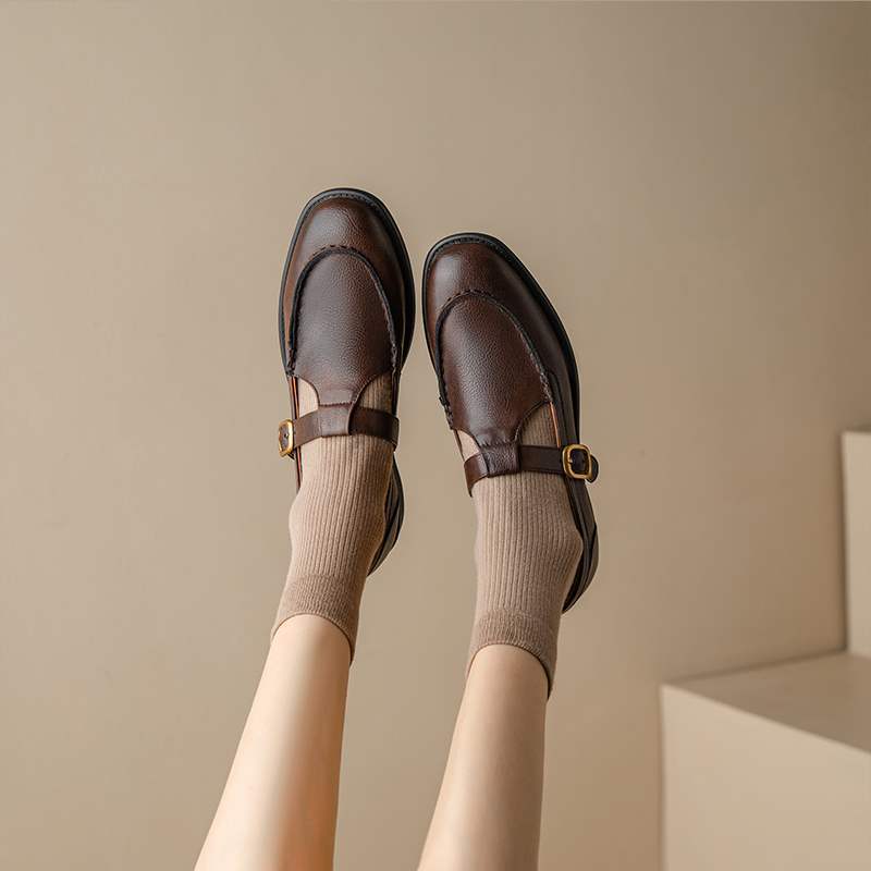 Women's Style Round Head Chunky Versatile College Shape With Pumps Retro Leather Shoes