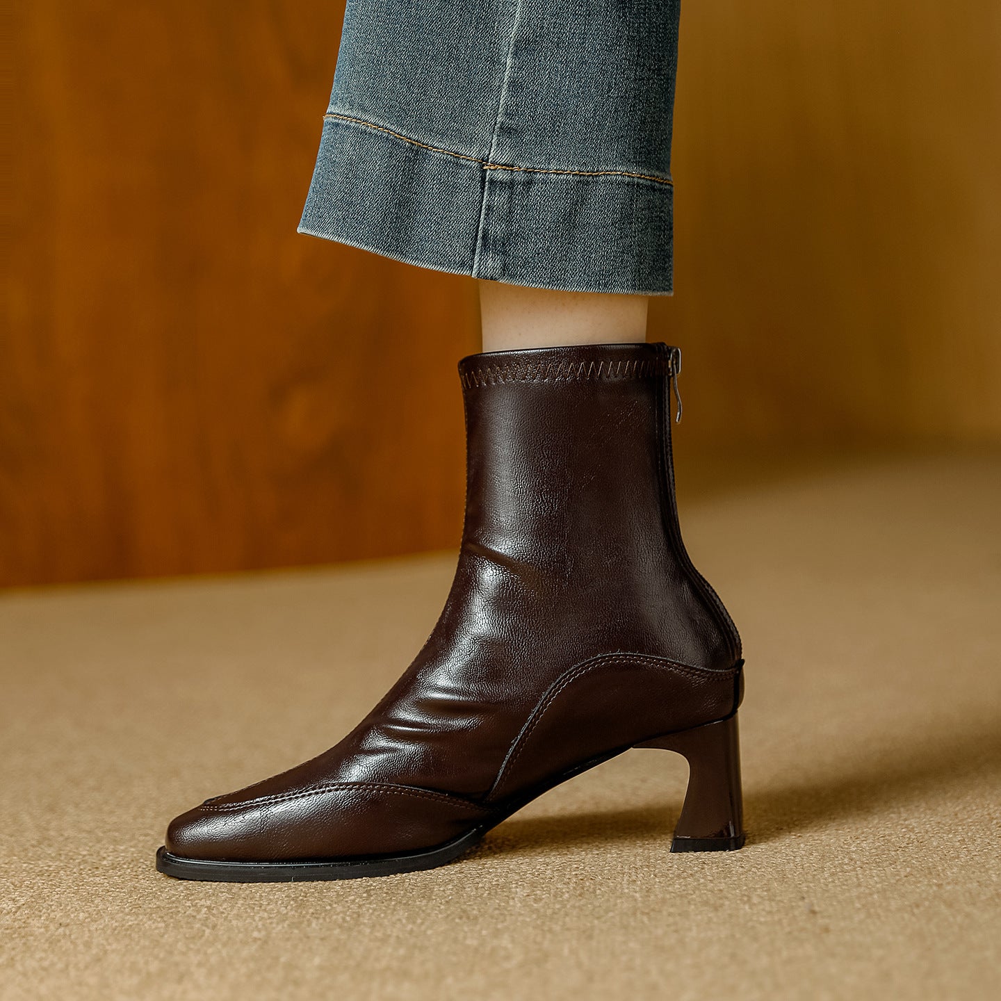 Women's Square Toe Booties Chunky Back Zip Soft Artistic Retro Style Women's Leather Boots
