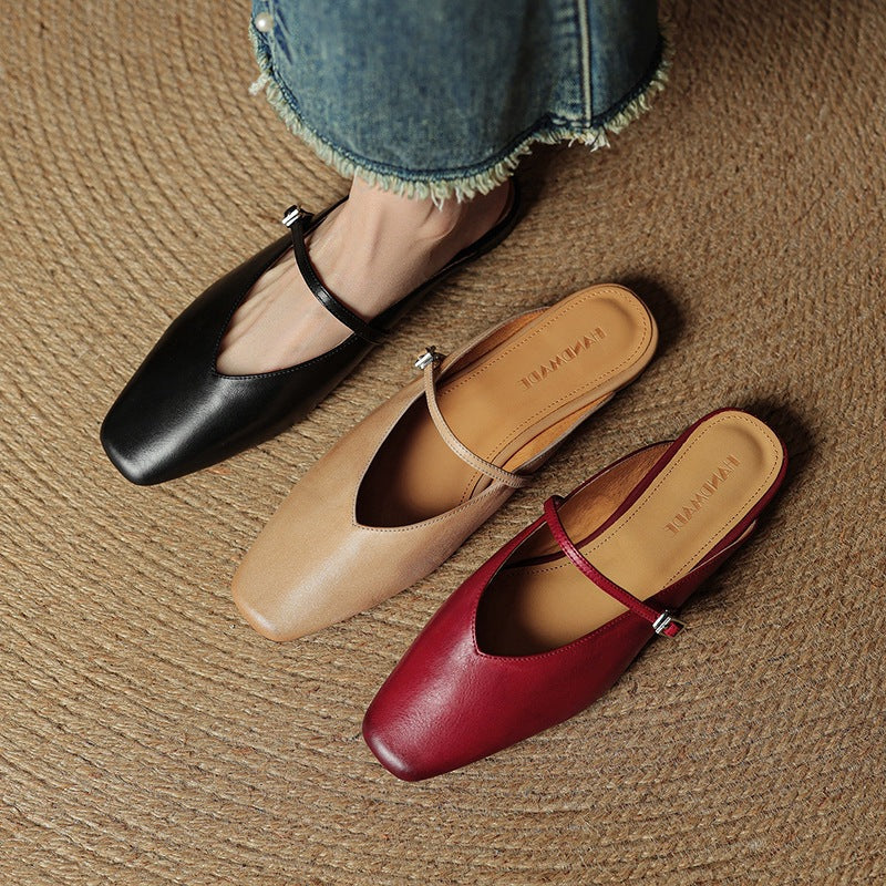 Women's Square Toe Cowhide Closed Low Flat Bottom Comfort Women's Fashion Shoes