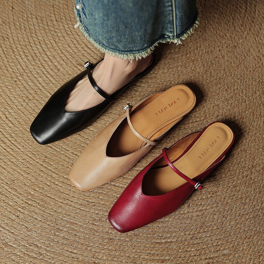 Women's Square Toe Cowhide Closed Low Flat Bottom Comfort Women's Fashion Shoes
