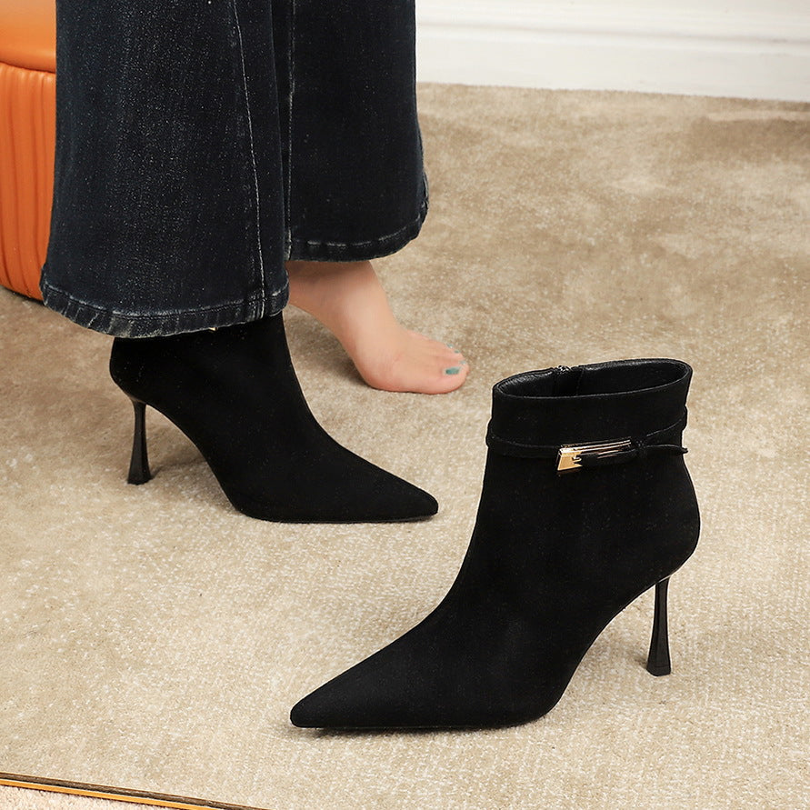 Women's Fashion Sexy Pointed Toe Suede Stiletto Belt Buckle Side Zipper Women's Leather Boots