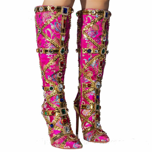 Toe Stiletto Side Zipper Heavy Handmade Rhinestone Embroidery Fashion Plus Women's Leather Boots