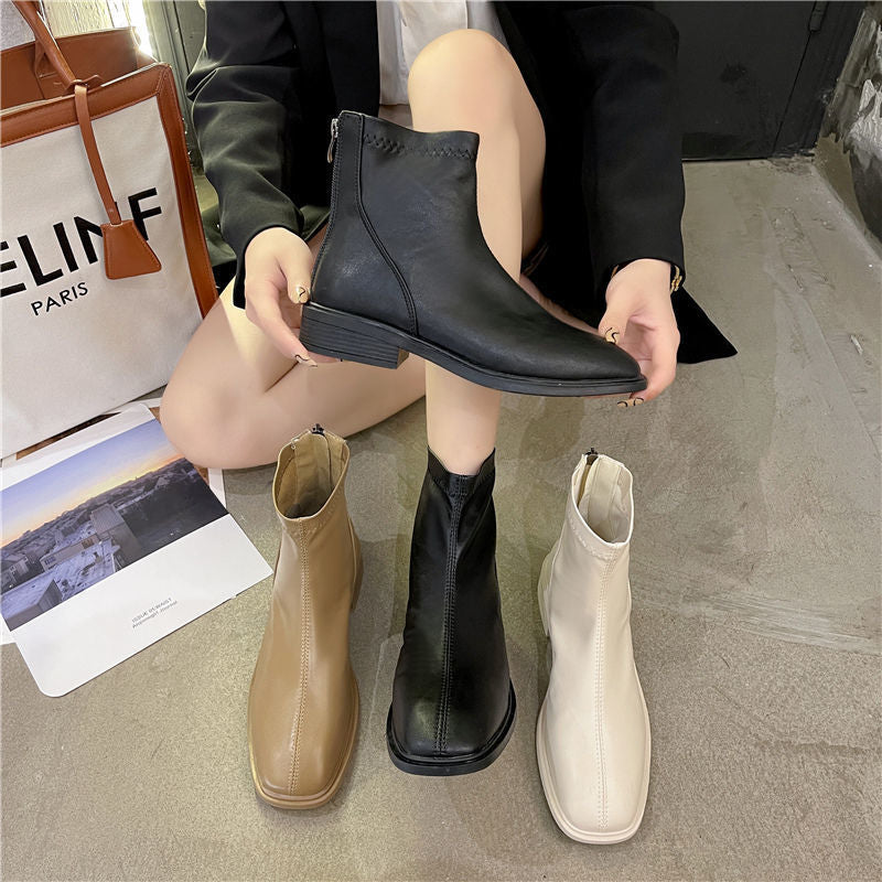 Women's Square Toe English Style Short Winter Boots