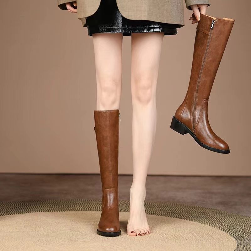 Women's Retro Brown Square Toe Chunky Below The Knee Side Heels