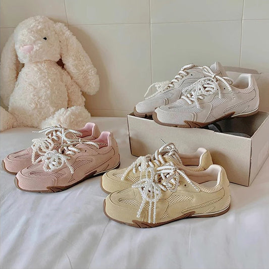 Women's Spring Girlish Style Pearl Double Shoelace Genuine Sneakers