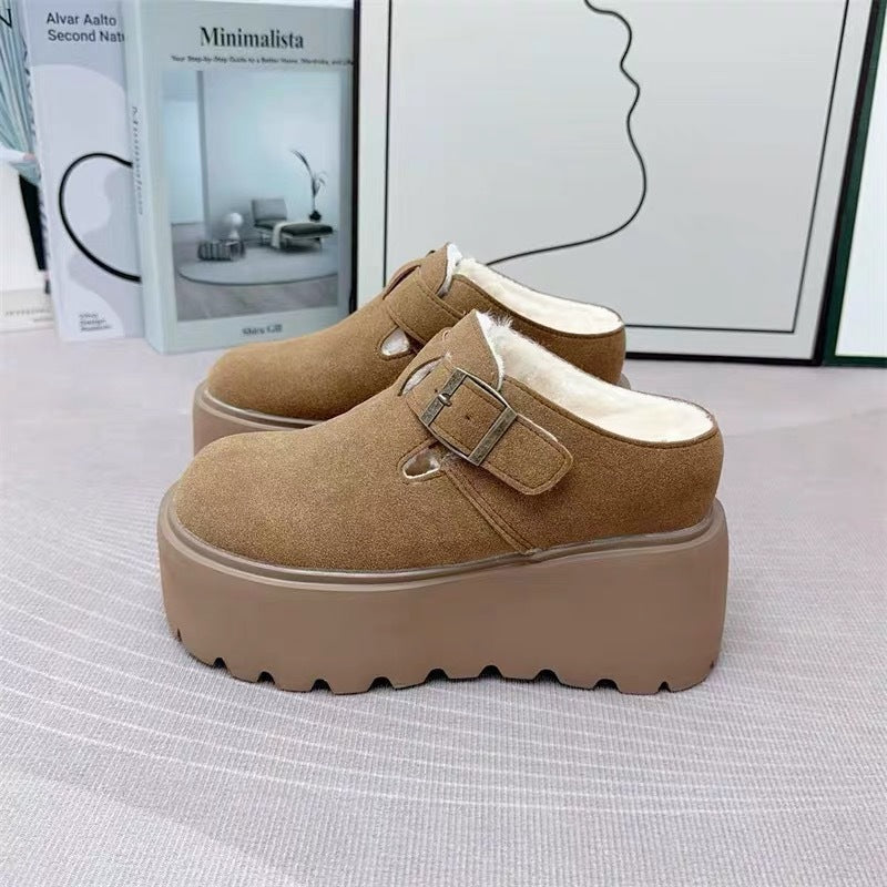 Women's Increasing Insole Closed Toe Half Fleece-lined Platform Slip-on Thick-soles Slippers