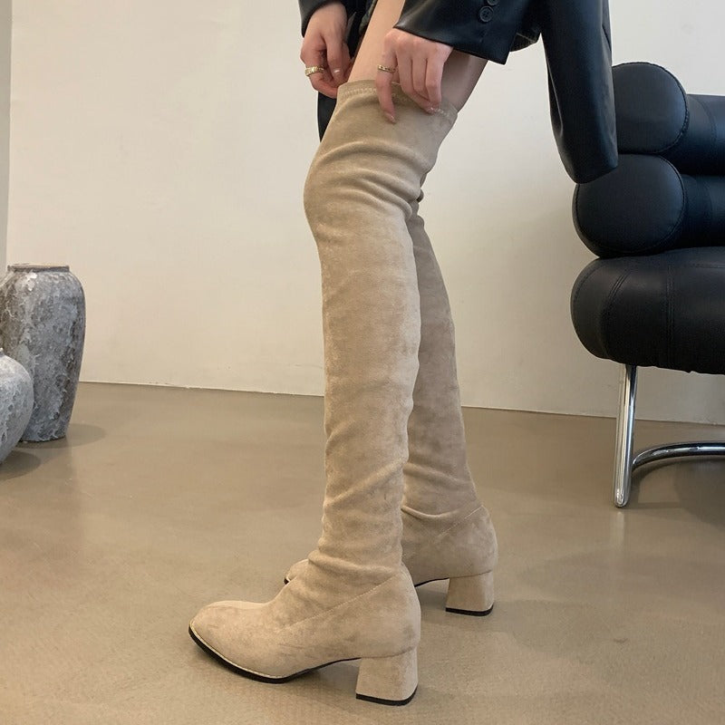 Long Female Tube Tail Soft Suede Chunky Fashion Women's Leather Boots