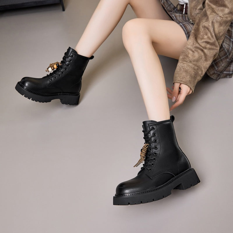Women's Invisible Height Increasing Insole Martin British Style Retro Pendant Black Women's Leather Boots