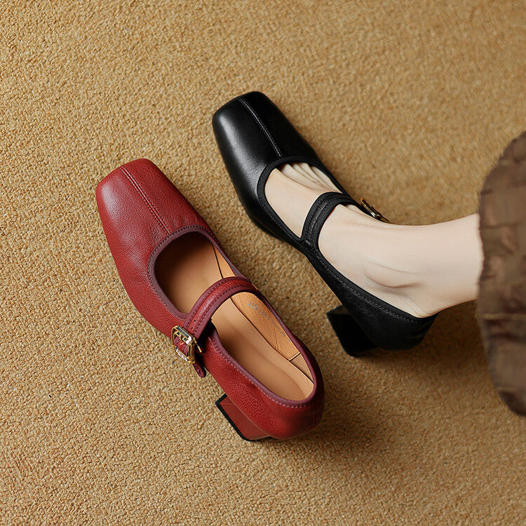 Jane Buckle Black Red Retro French Women's Fashion Shoes