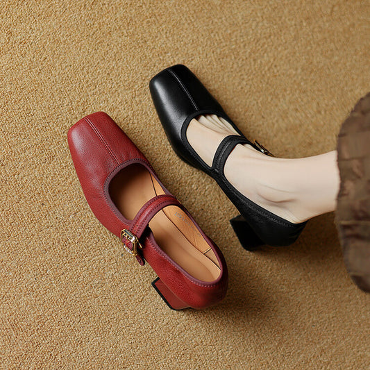 Jane Buckle Black Red Retro French Women's Fashion Shoes