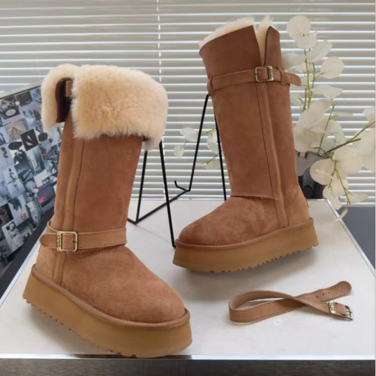 Women's Winter Sheepskin Fur Knight Motorcycle Long Fleece-lined Warm Snow Boots