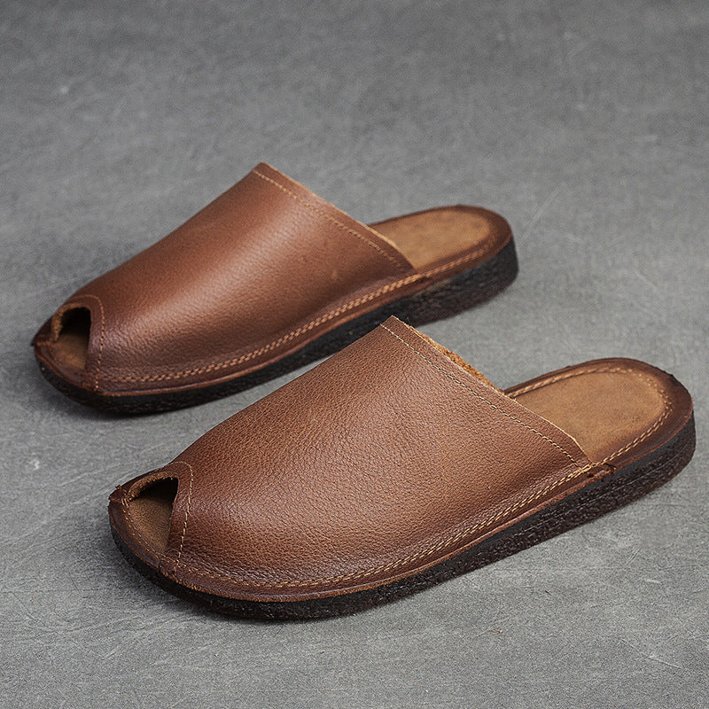 Women's & Men's Soft Bottom Top Layer Cowhide Retro Open Sandals