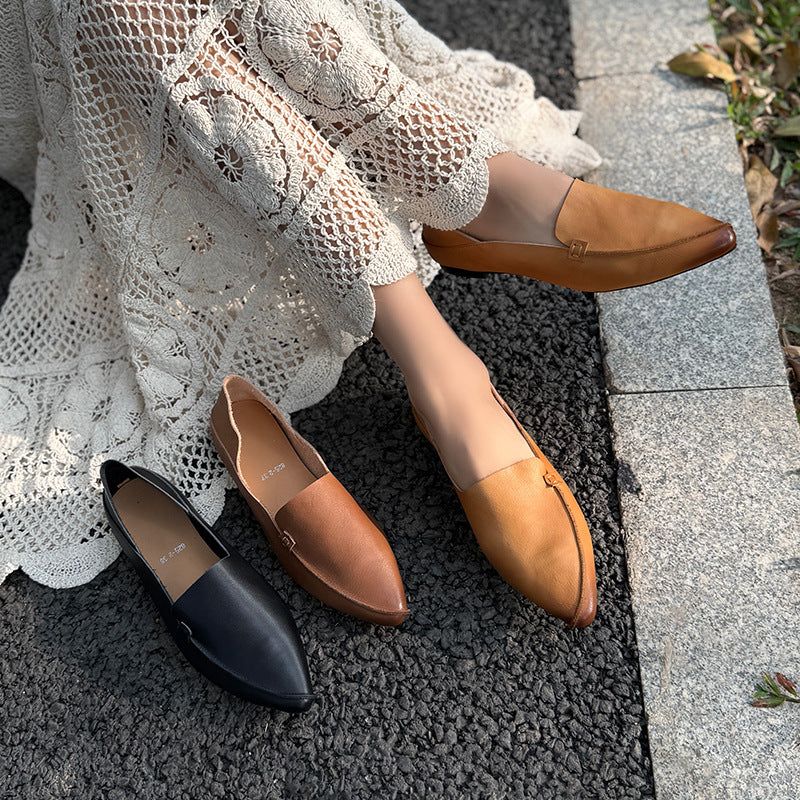 Women's Color First Layer Cowhide Pointed Toe Mid Mouth Low Top Women's Fashion Shoes