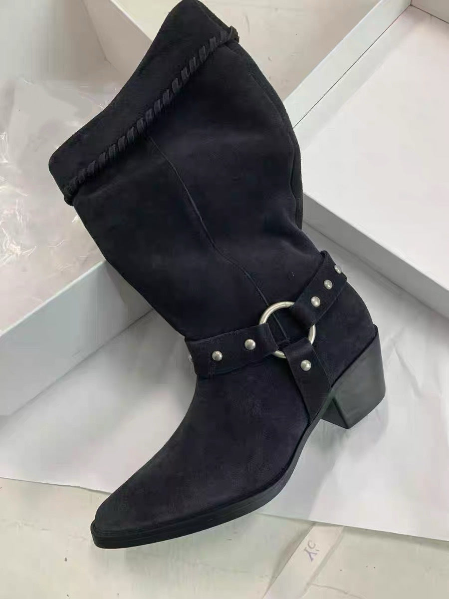 Women's Sheepskin Version Retro Minority Pointed Toe Chunky Rivet Thigh High Boots