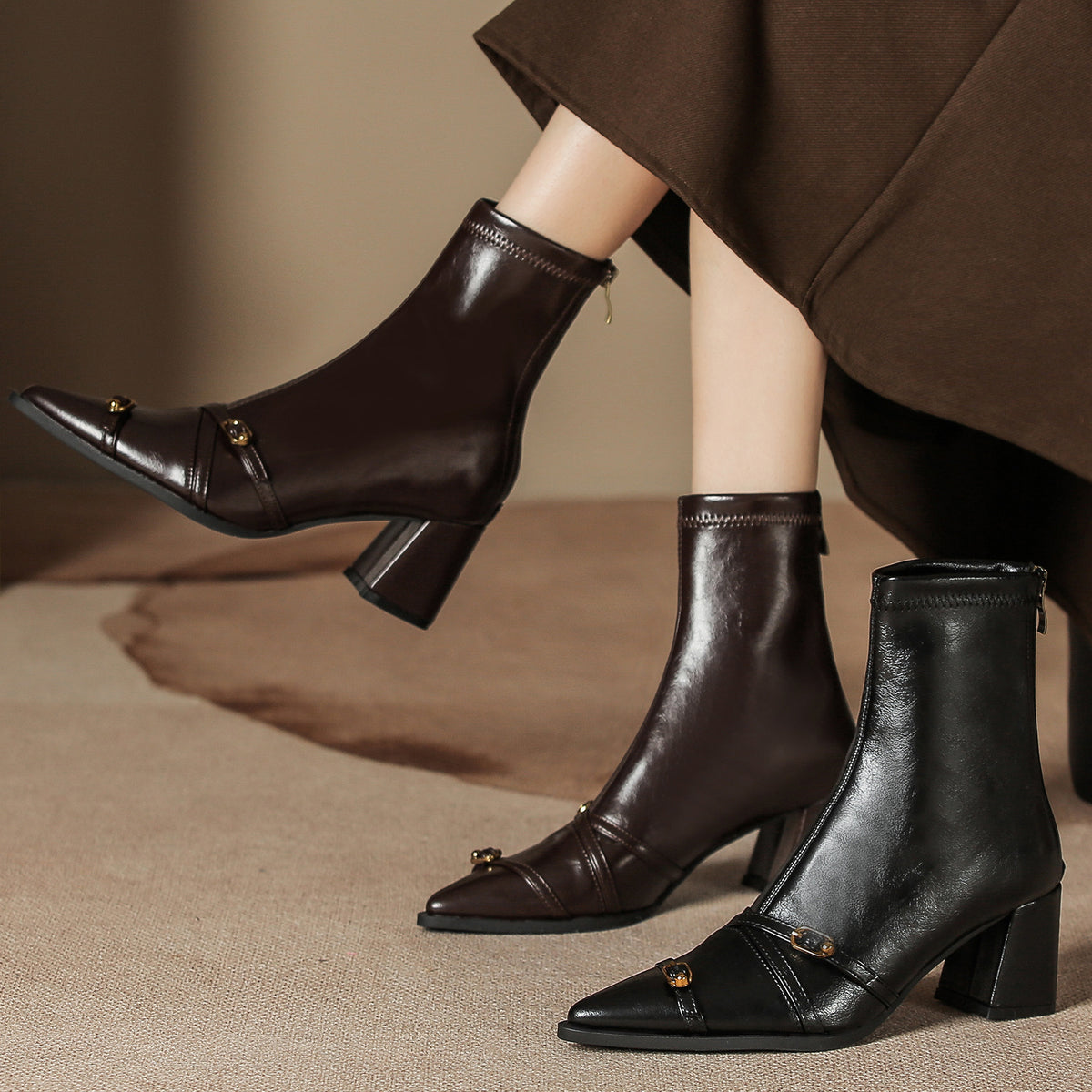 Women's Ankle Retro French Chunky Pointed Toe Back Zipper Women's Leather Boots
