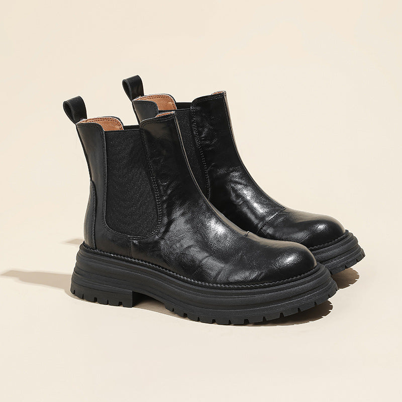 Women's Round Head Chunky Platform Smoke Pipe Chelsea Women's Leather Boots