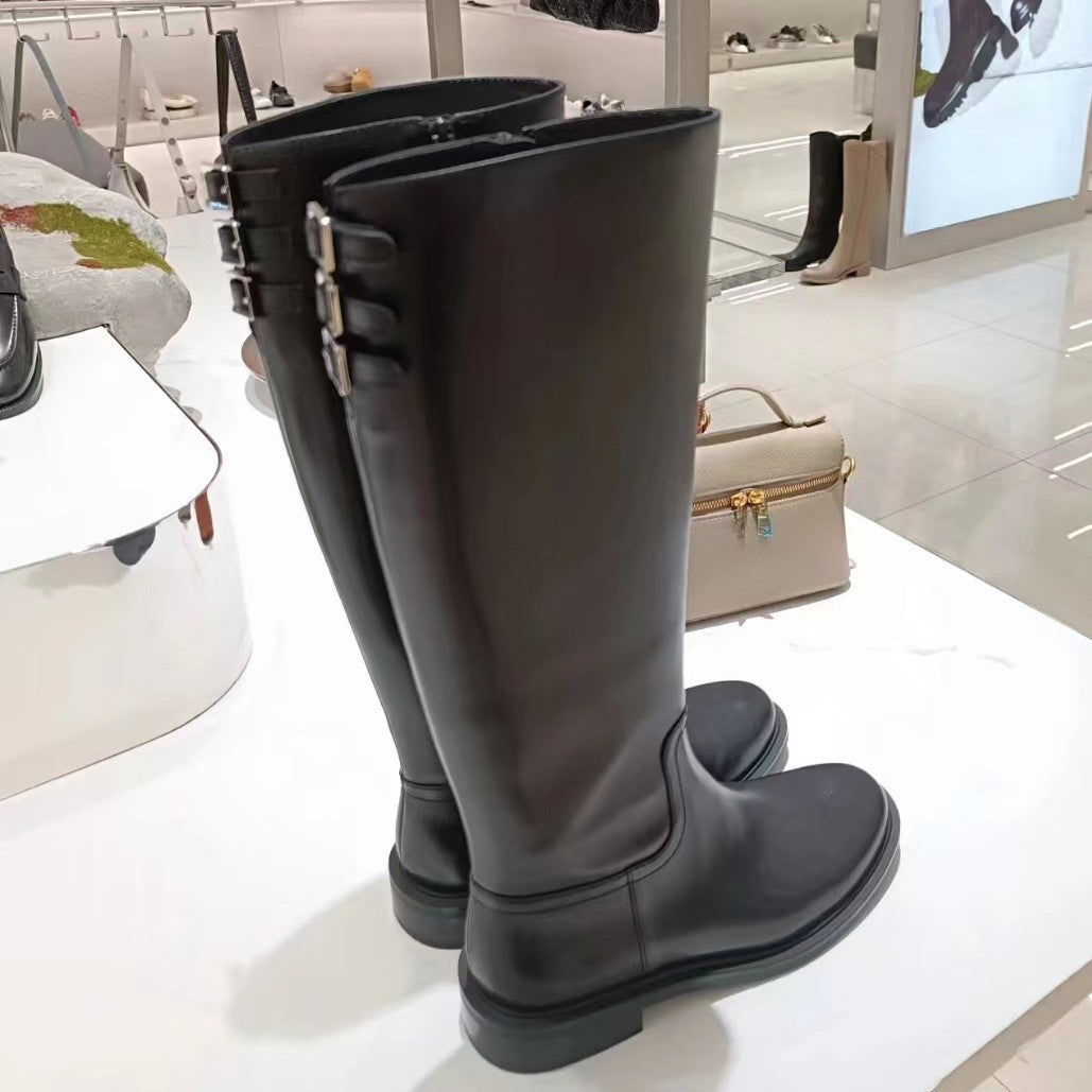 Women's Round Head Chunky High Leg Below The Women's Leather Boots