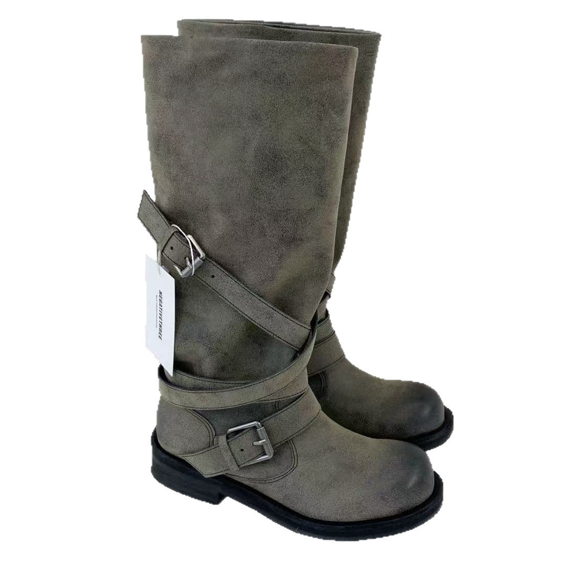 Women's Style Niche Belt Buckle Waste Soil Round Head Chunky Retro Boots