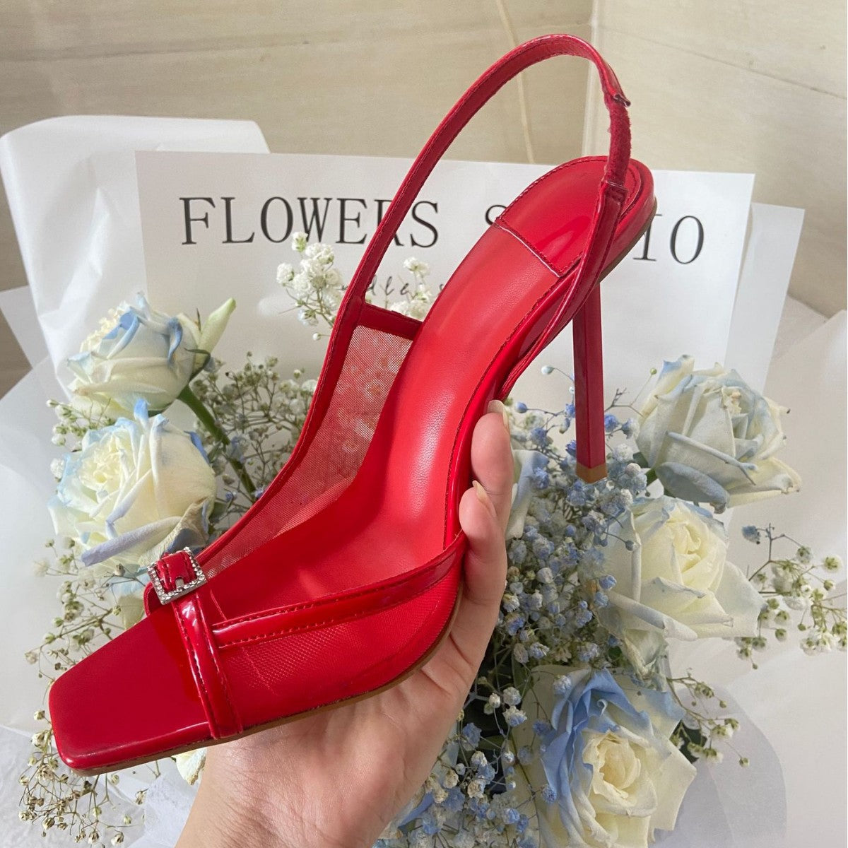 Women's Retro Square Toe Buckle Open Red Mesh One Strap French High Heeled Sandals