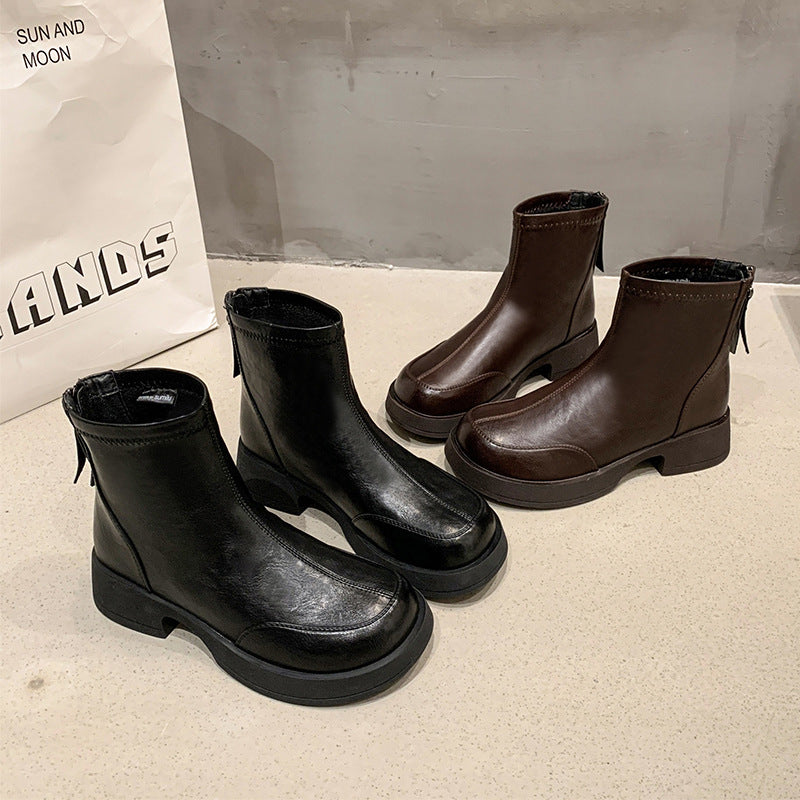 Women's Round Head Chunky Thin Short Back Zipper Increased Tube Women's Leather Boots