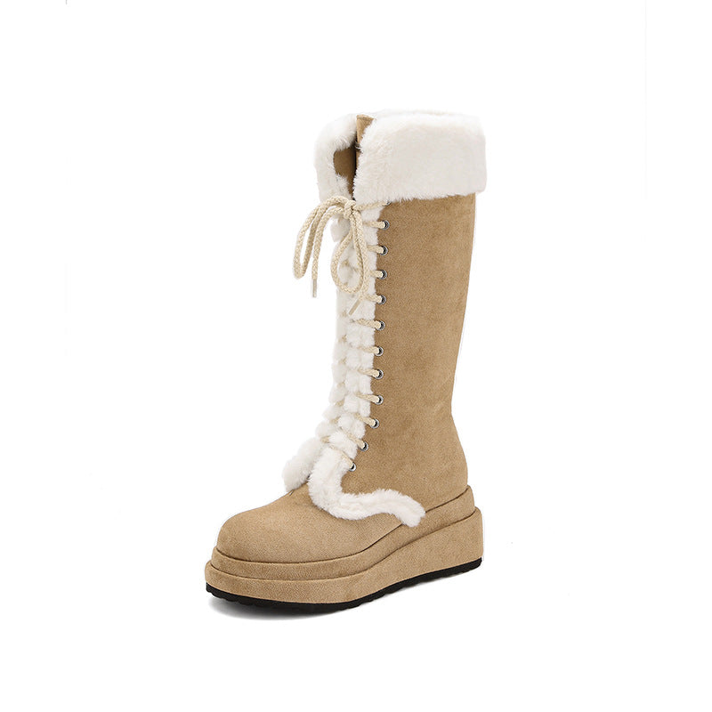 Women's Winter Retro Platform Fleece-lined Knight Thermal Middle Tube Snow Boots