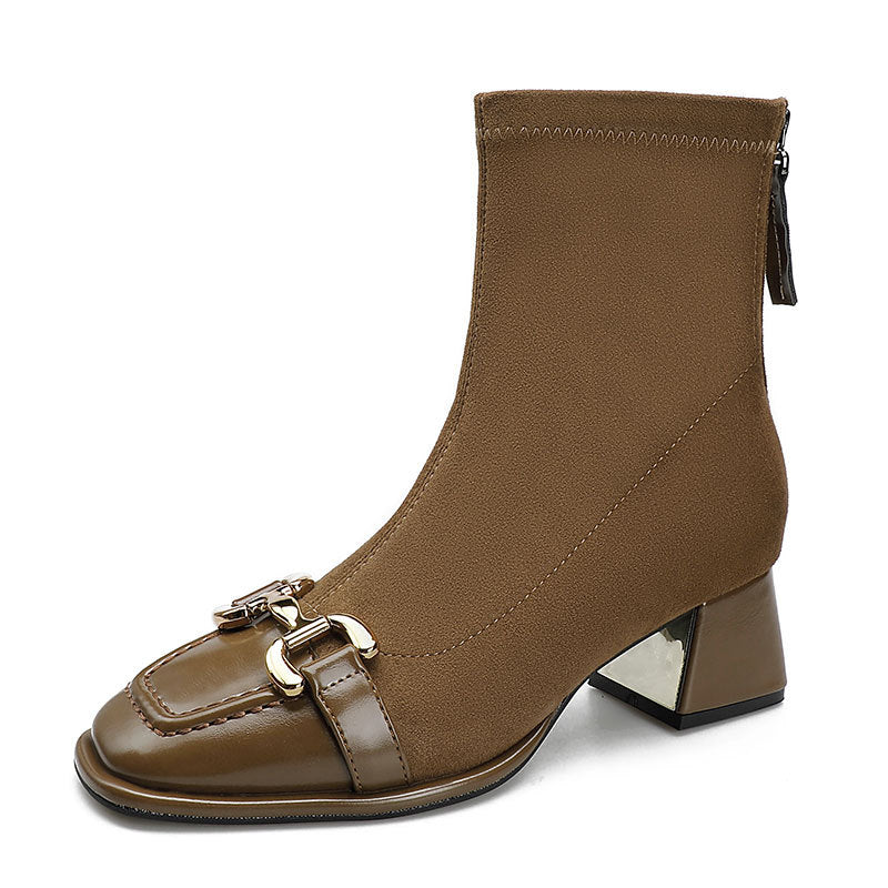 Female Stitching Square Head Chunky Retro Boots