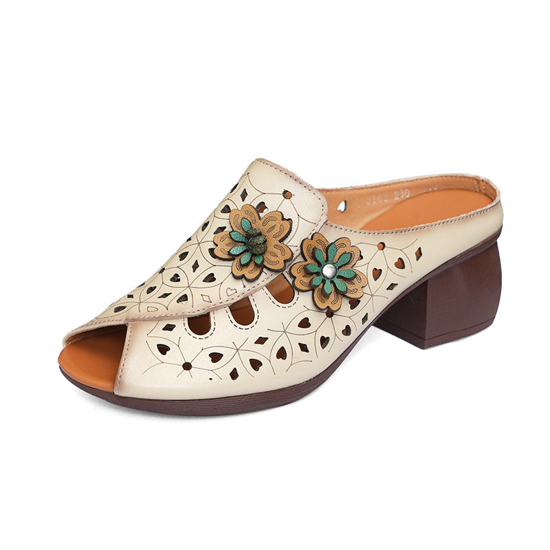 Women's Summer Ethnic Style Cowhide Mother Hollow Slippers