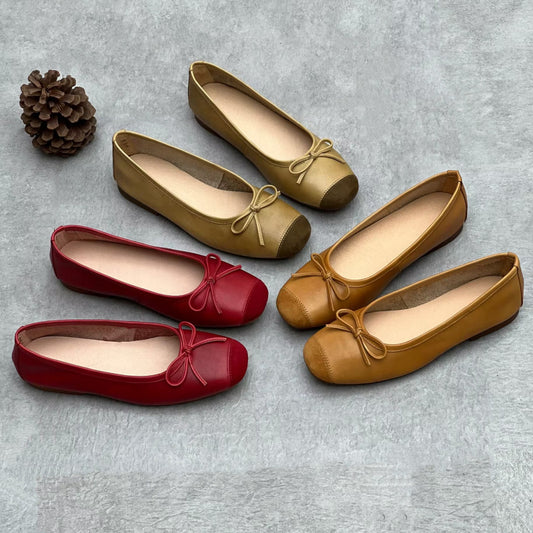 Toe Pumps Four Flat Bottom Low-cut Bowknot Soft Cowhide Female Women's Casual Shoes