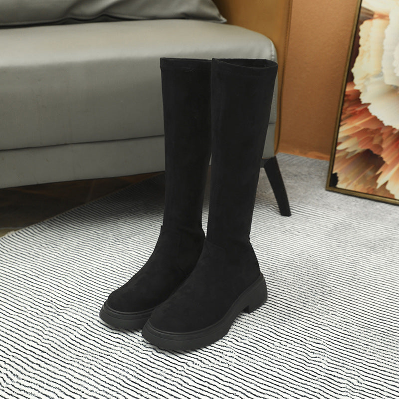 Women's Below The Knee Suede Fleece-lined Thickened High Leg Chunky Platform Women's Leather Boots