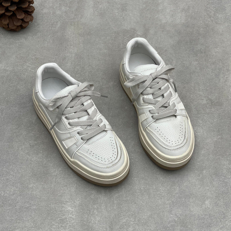Women's Cowhide Platform White Round Toe Lace Up Muffin Women's Fashion Shoes