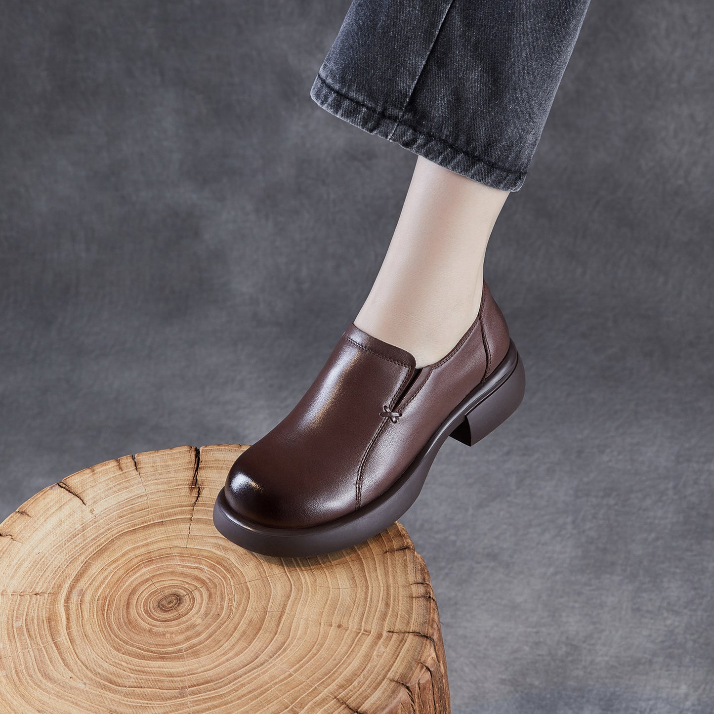Women's Genuine Simple Round Head Chunky Platform Loafers