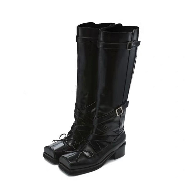 Women's Cowhide Version Square Head Ballet Chunky Tall Knight Heels