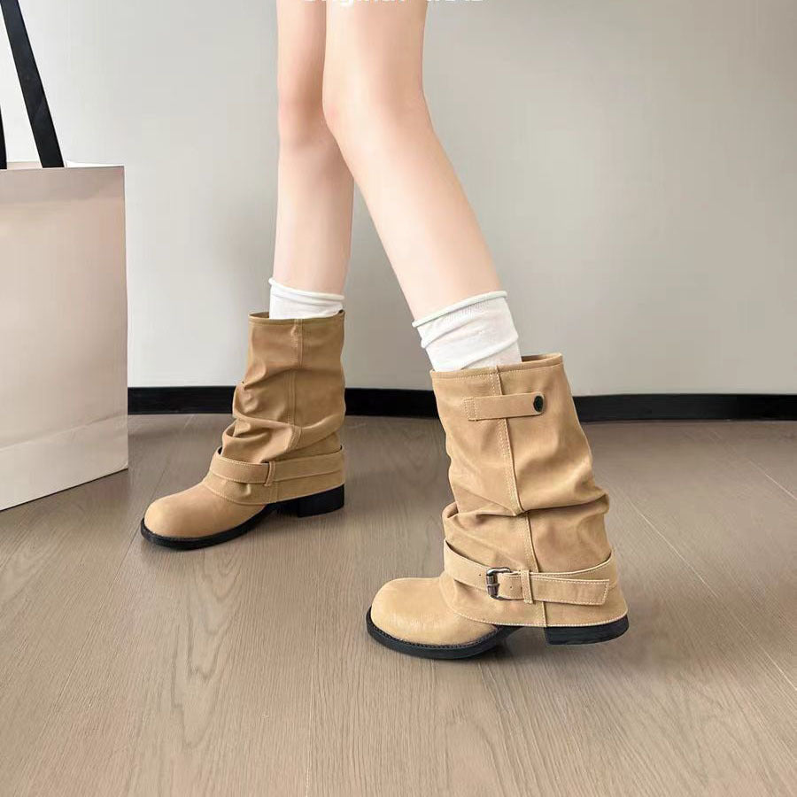 Women's Western Denim Pile Style Pleated Pants Tube Short Winter Chunky Heels
