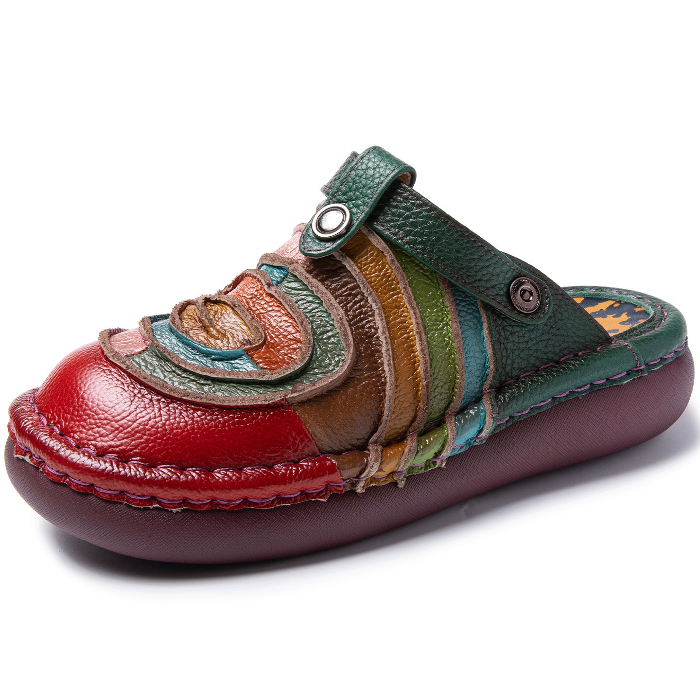 Women's Rainbow Cowhide Sewing Closed Toe Ethnic Style Flat Slippers