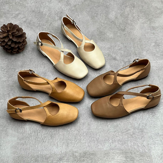 Women's Genuine Cross Mori Style Artistic Square Toe Temperament Wild Flat Women's Casual Shoes