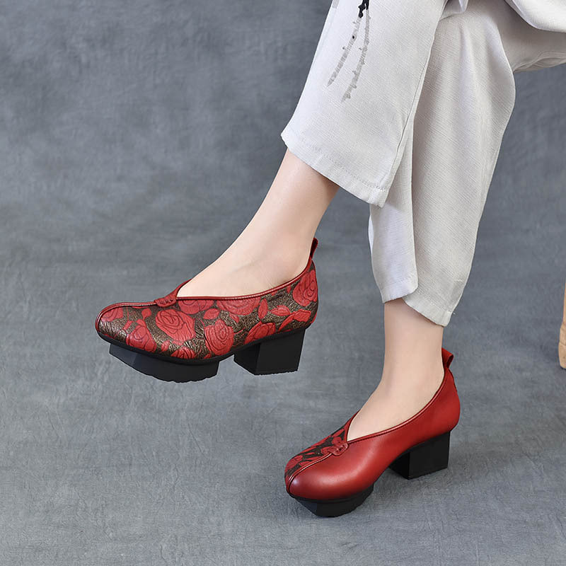 Women's Of Cowhide Print Chinese Style National Chunky Ethnic Retro Cotton Women's Casual Shoes