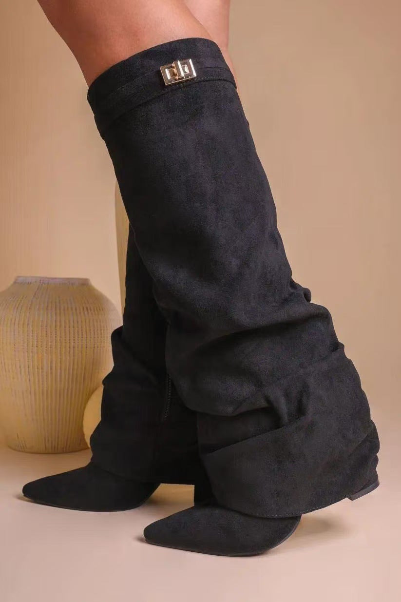 Women's Pointed Straight Pleated Metal Buckle Long Tube Large Size Thick Women's Leather Boots