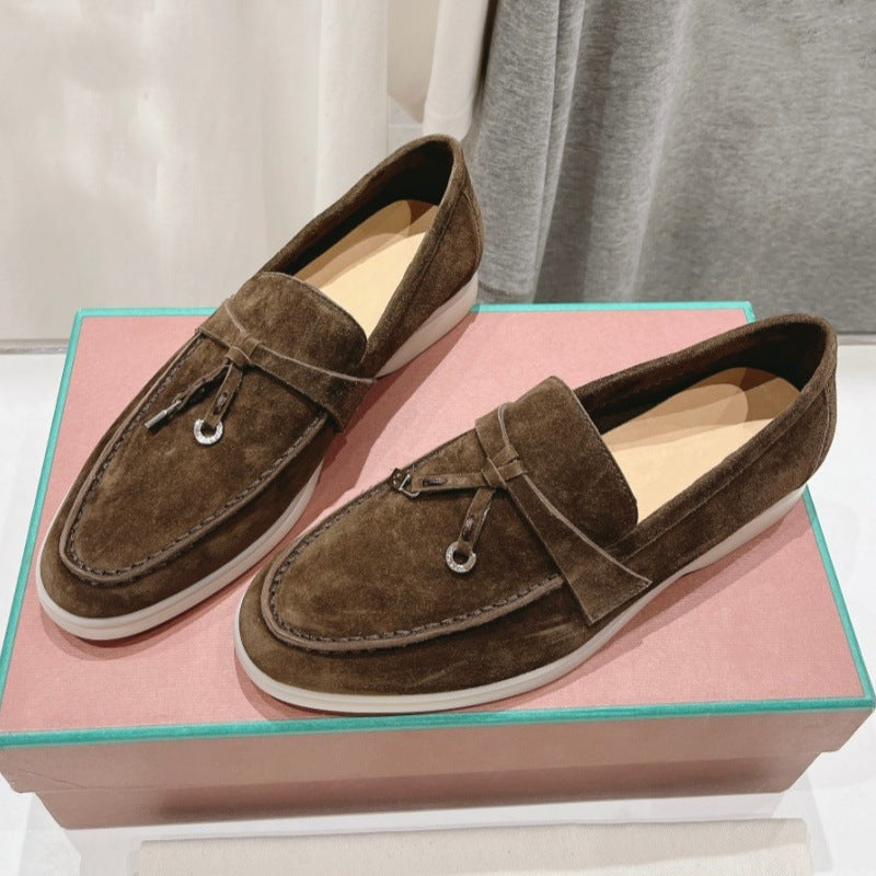 British Slip-on Lazy Pumps Deerskin Round Head Tassel Hardware Women's Casual Shoes