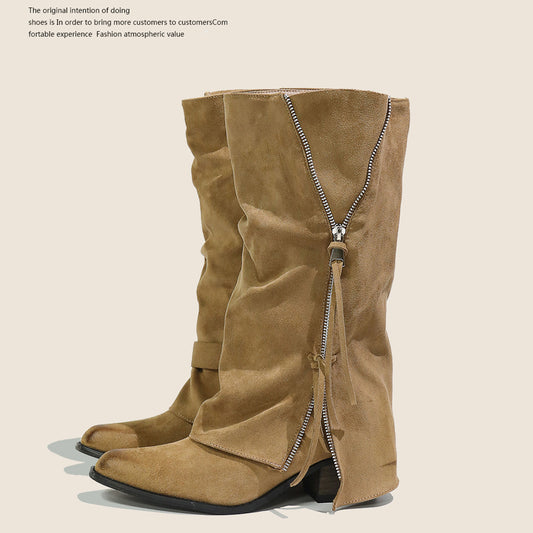 Women's Design Sense Niche Pointed Tassel Chunky Pantyhose Retro Women's Leather Boots