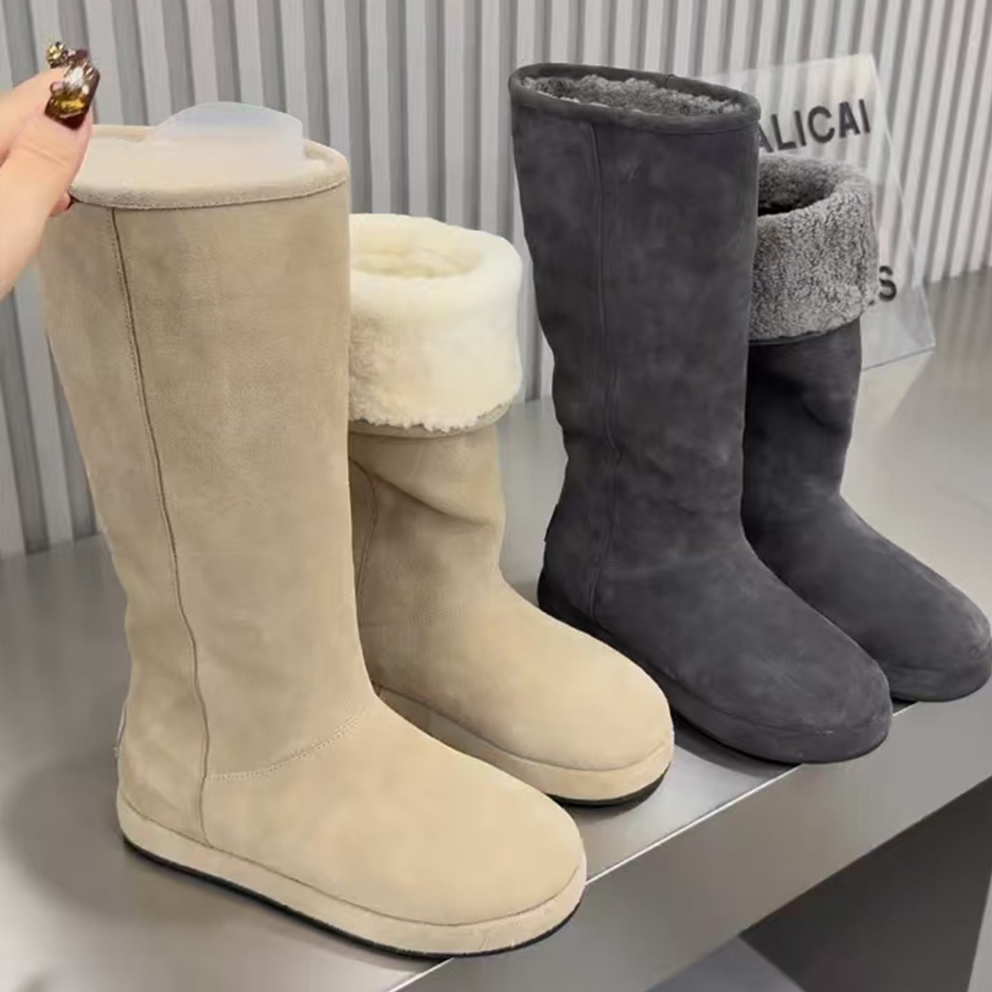Lamb Fur Thick Bottom Flanging Long Female Gray Fleece Women's Snow Boots