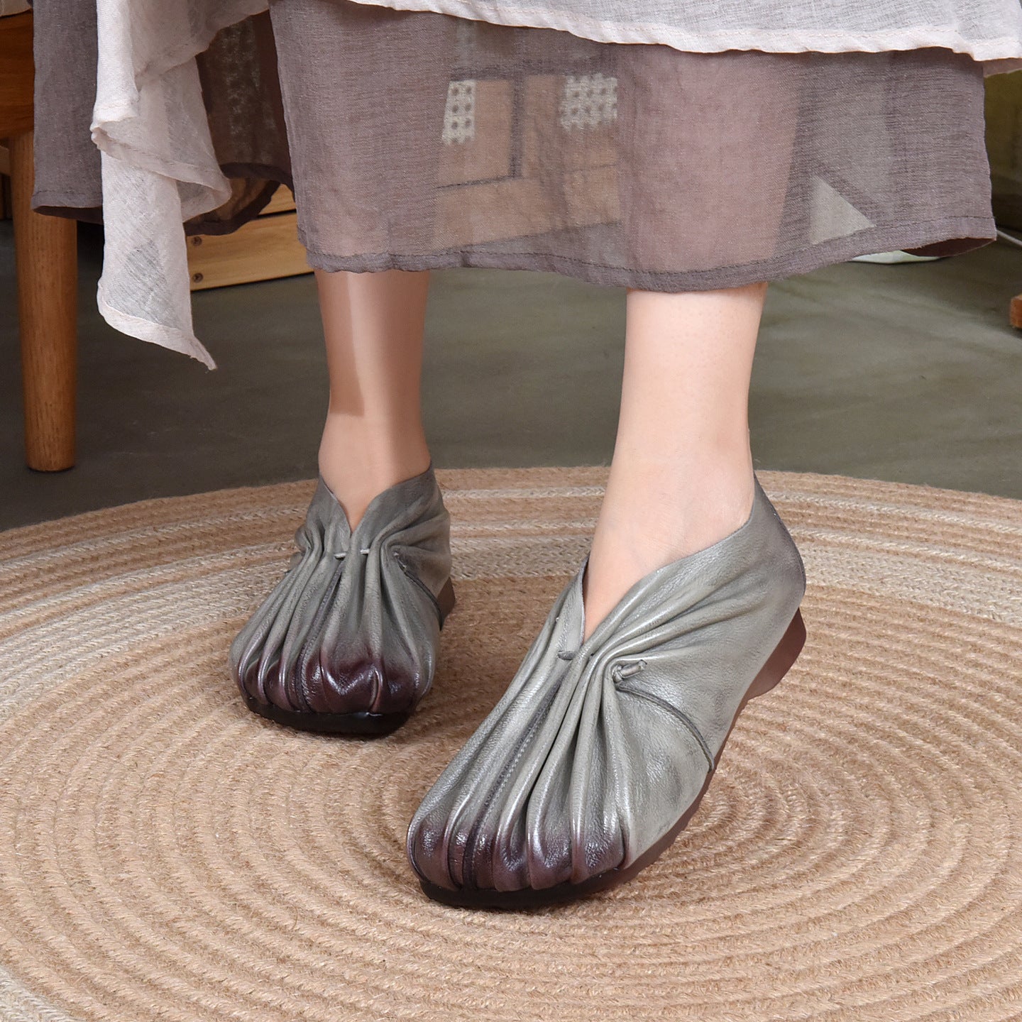 Autumn Cowhide Pleated Woven Pumps Low Soft Women's Casual Shoes